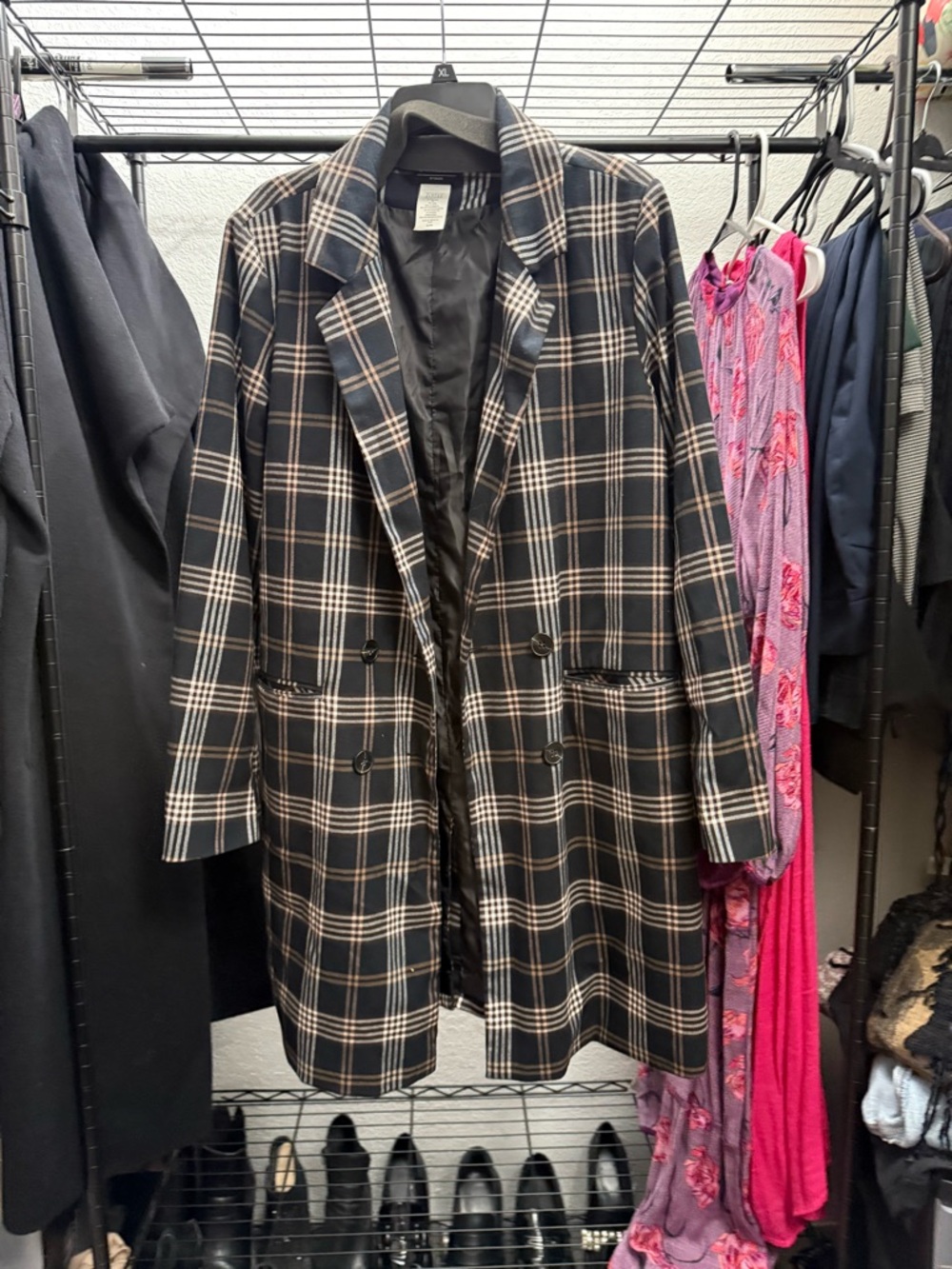 Simply Styled Black and Tan Plaid Double-Breasted Blazer Coat